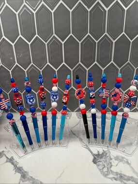 Patriotic Red White Blue Beaded Pens - Set of Assorted Designs. Each $3. Lot $30